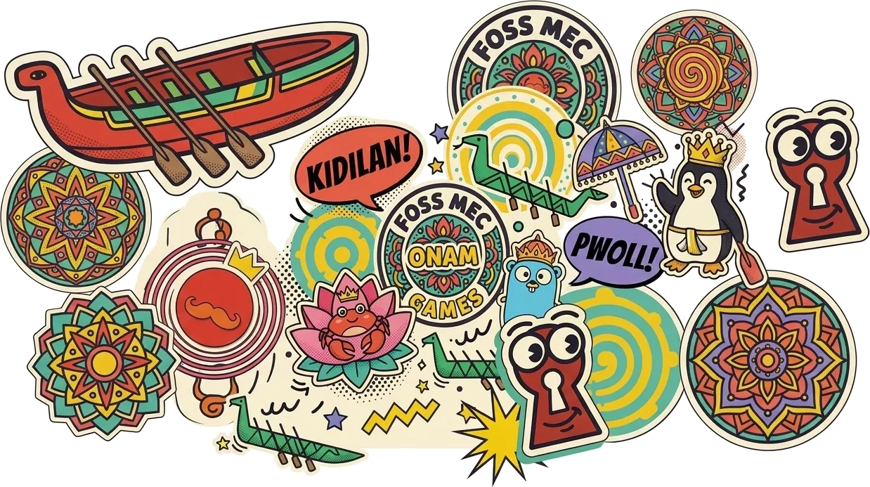 Onam game stickers: a vallam, pookalams, penguin, and playful FOSS characters